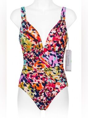 Bleu Rod Beattie Party Animal Ruched Plunge One Piece Swimsuit NWT Size 8